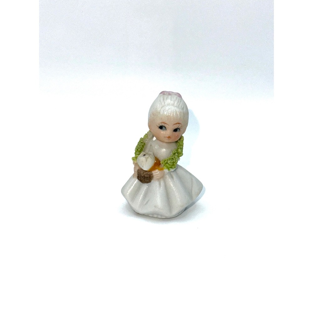 Vintage Miniature Porcelain Girl Figurine White Dress Basket Bird Taiwan 2 inch